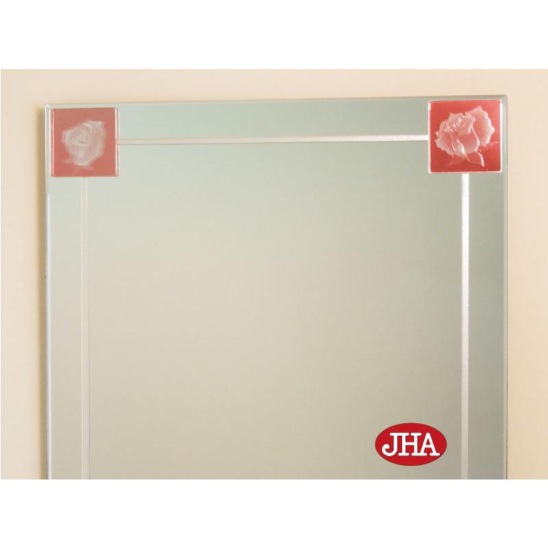 鏡 壁掛け鏡 JHAアートミラー(色ガラス) 彩(いろどり) バラ-ピンク色 W400×H700 (飛散防止・壁掛け用) AM-40X70TF-BP 防湿 ステンドグラス