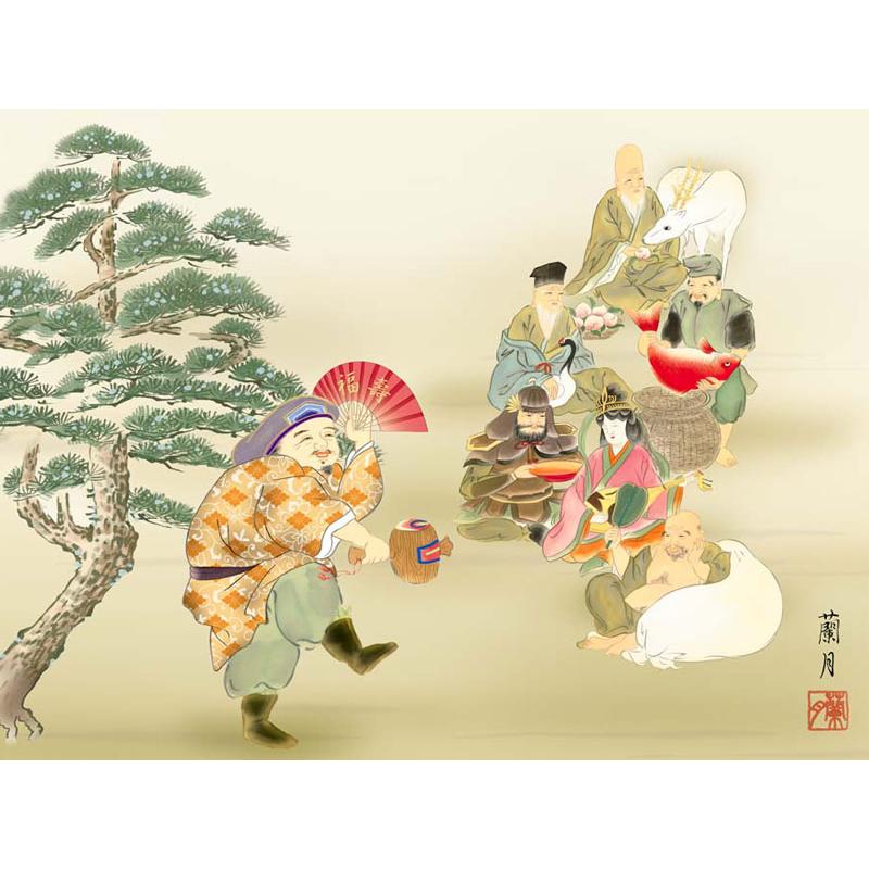 日本画 和額 七福神　縁起　額縁 Amazon.co.jp: 上村修香『七福神』版画＋手彩色 神事 縁起物
