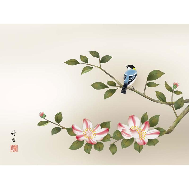 JHA 絵図 室内装飾 額入り口・入口 額絵 日本画 花鳥画 冬飾りつけ「山茶花に禽鳥」田村竹世（三美会）高性質書きうつす画 W520×H420 NK0-KCF-8M（代引っ張ること不可）ジクレー版画