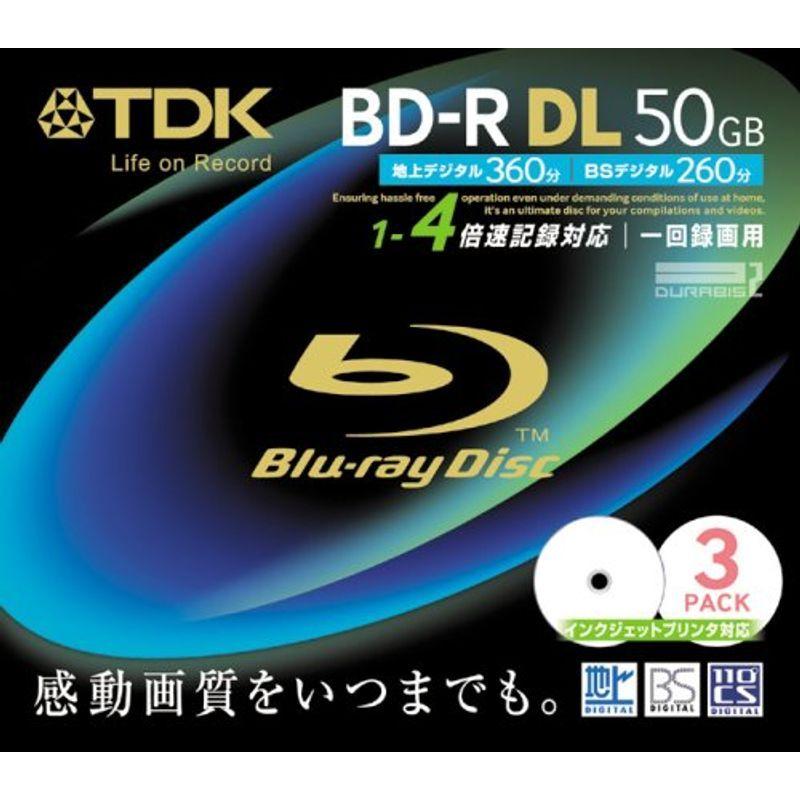 TDK 録画用ブルーレイディスク 50GB BD-R(1回録画用) 4X ホワイトワイドプリンタブル 10mmケース 3枚パック BRV50