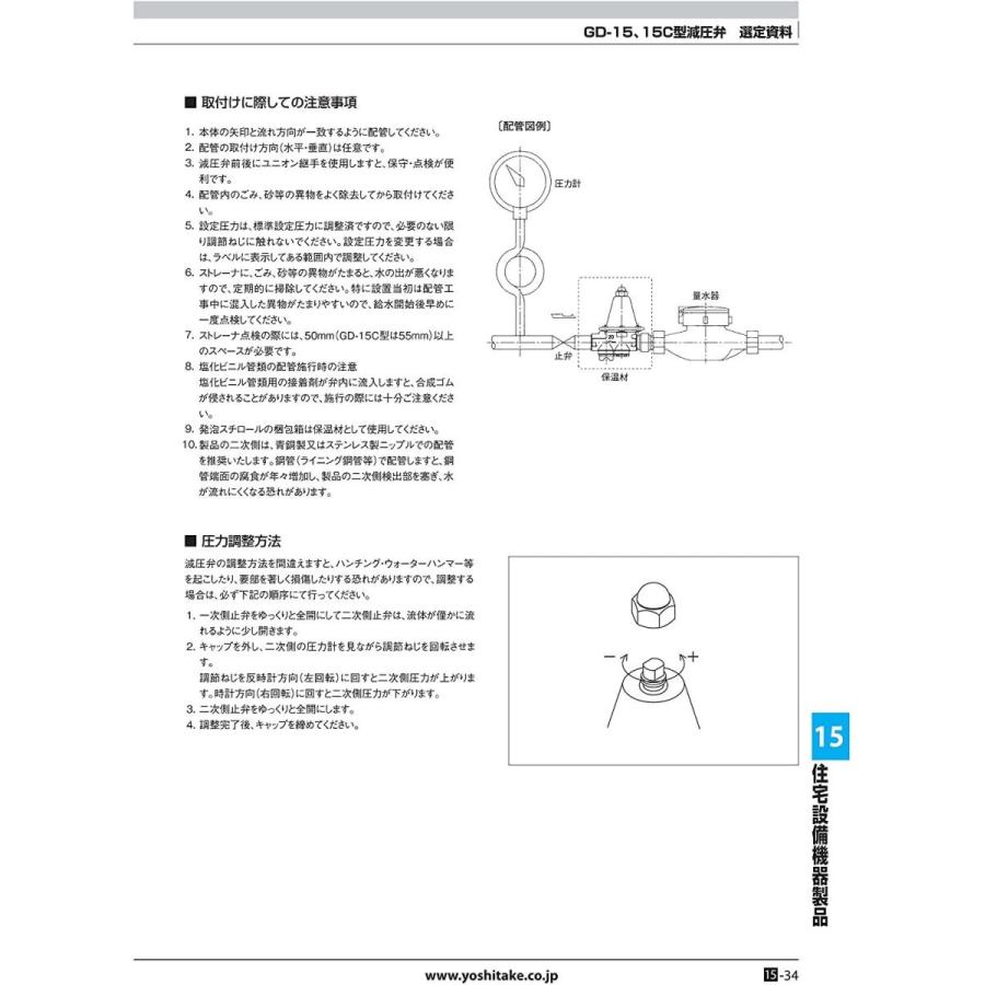 ヨシタケ　減圧弁　集合住宅用　戸別給水用　ねじ込み接続　最高温度60℃　接続口径15A　本体CAC　二次側圧力0.05?0.25MPa　型式