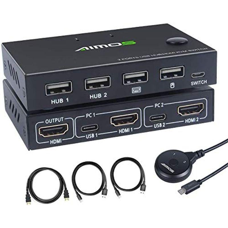 HDMI KVM切替器、PC切替器2入力1出力4K@30Hz、2つUSB2.0ハブ備えたUSB切替器セレクター、ワイヤレスキーボード、マウス