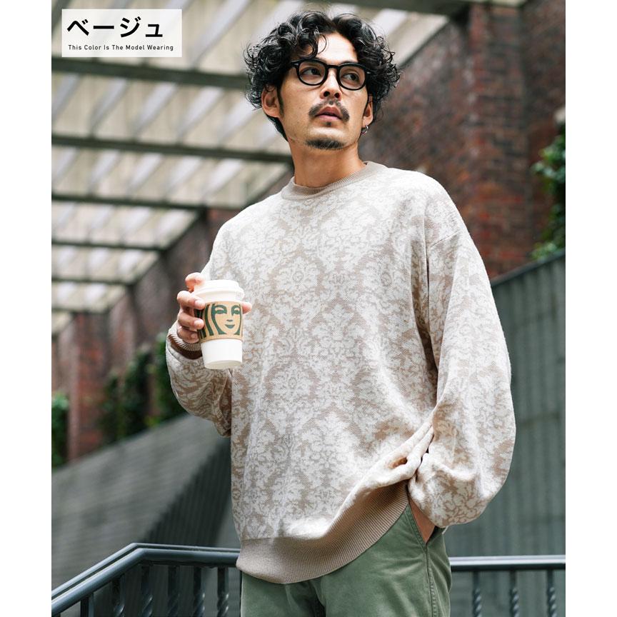 ニットセーター メンズ トップス ダマスクス柄 ジャガード クルー 