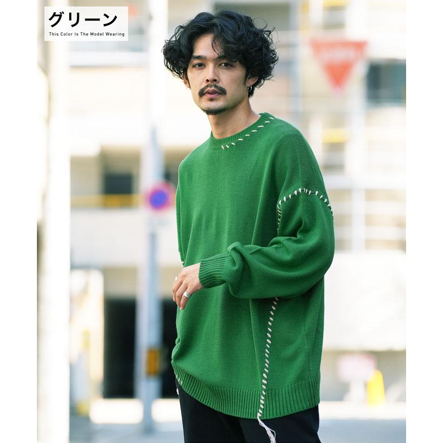 ニット セーター メンズ トップス ハンドステッチ クルーネック