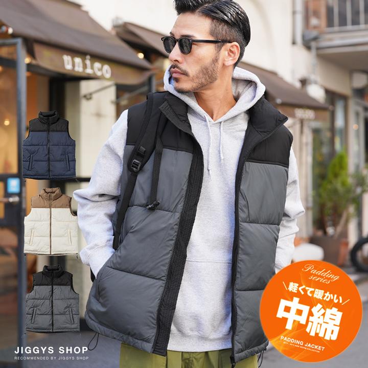 JIGGYS SHOP 中綿ベスト メンズ アウター 切り替え 軽量 ダウンベスト 