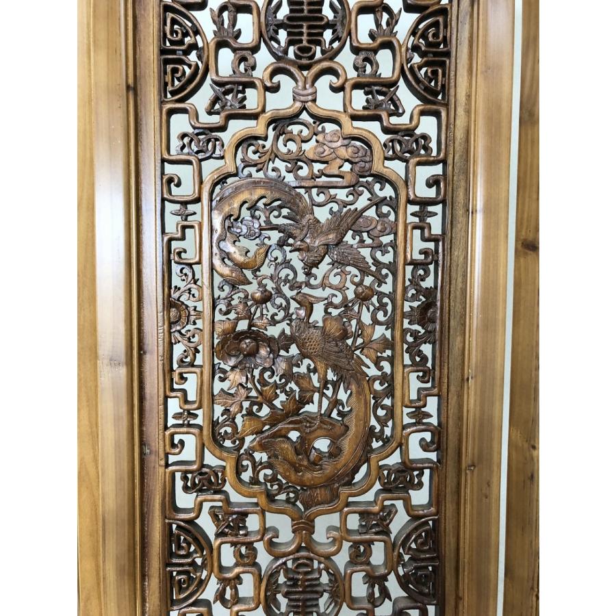 DIK136 中国古美術 見事な木彫刻 4枚折り衝立 間仕切り オブジェ 4連 衝立 パーテーション 間仕切り 中国 彫刻 アンティーク レトロ 4枚折り