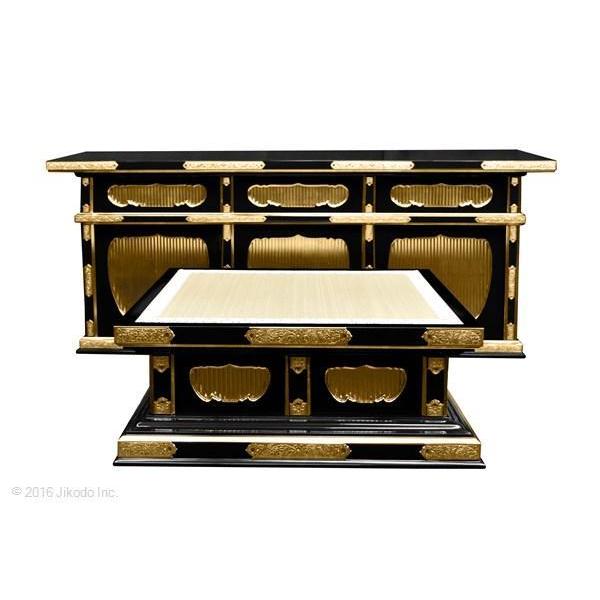 寺院仏具】向机幅120センチ 黒塗りの二重登高座2点セット 金具 寺院仏具】向机幅120センチ 黒塗りの二重登高座2点セット 金具