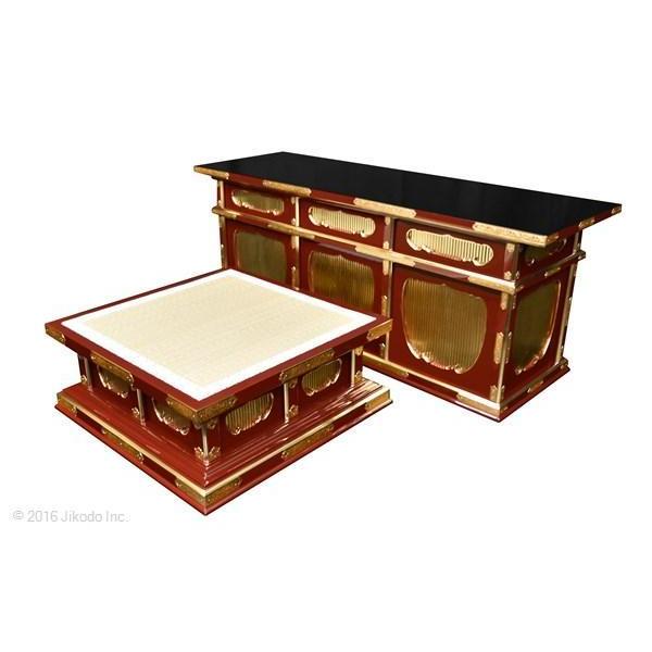 寺院仏具】向机幅120センチ 黒塗りの二重登高座2点セット 金具 寺院仏具】向机幅120センチ 黒塗りの二重登高座2点セット 金具