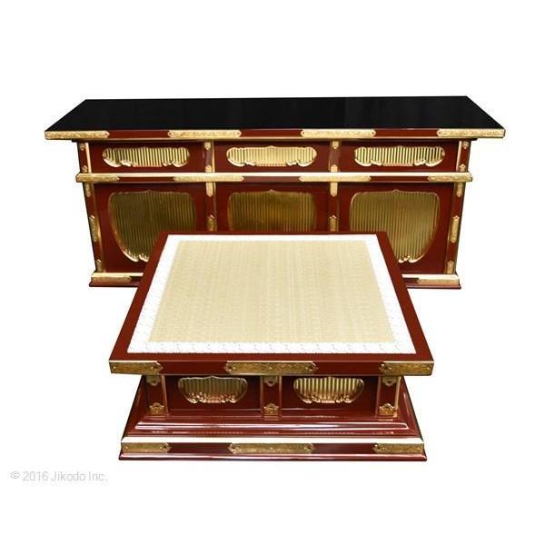 寺院仏具】向机幅120センチ 黒塗りの二重登高座2点セット 金具 寺院仏具】向机幅120センチ 黒塗りの二重登高座2点セット 金具