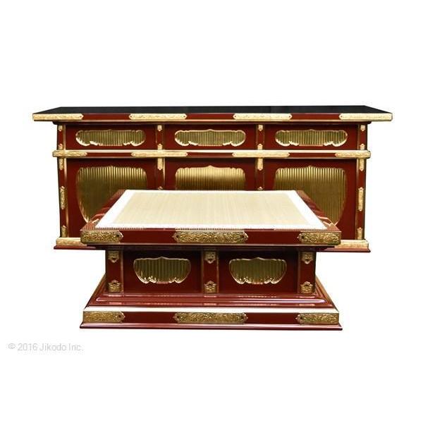 寺院仏具】向机幅120センチ 黒塗りの二重登高座2点セット 金具 寺院仏具】向机幅120センチ 黒塗りの二重登高座2点セット 金具