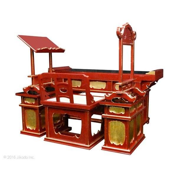 寺院仏具】朱塗り 前机付き椅子型登高座6点セット(脇机二重 寺院仏具】朱塗り 前机付き椅子型登高座6点セット(脇机二重