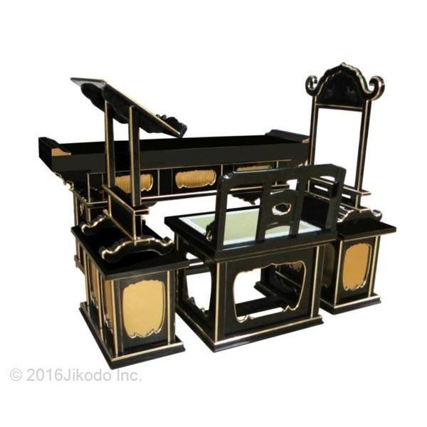 寺院仏具】黒塗り 前机付き椅子式登高座6点セット(脇机一重 寺院仏具】黒塗り 前机付き椅子式登高座6点セット(脇机一重