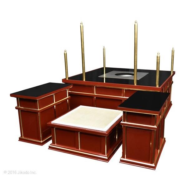 寺院仏具】朱塗り 3.5尺 新型二重護摩壇・大壇 脇机2台 密教法具 寺院仏具】朱塗り 3.5尺 新型二重護摩壇・大壇 脇机2台 密教法具