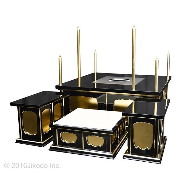 寺院仏具】黒塗り 3.5尺 一重護摩壇・大壇 脇机2台 密教法具 寺院仏具】黒塗り 3.5尺 一重護摩壇・大壇 脇机2台 密教法具