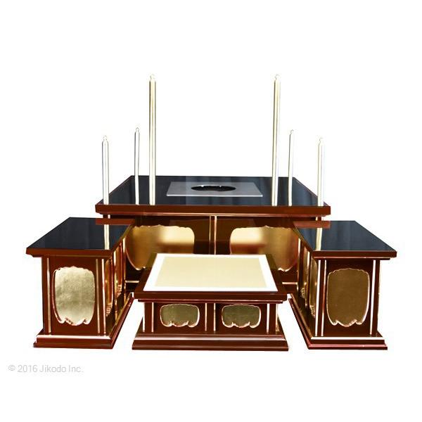 寺院仏具】朱塗り 3.5尺 一重護摩壇・大壇 脇机2台 密教法具 寺院仏具】朱塗り 3.5尺 一重護摩壇・大壇 脇机2台 密教法具