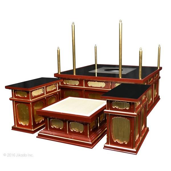 寺院仏具】黒塗り 3.5尺 二重護摩壇・大壇 脇机2台 密教法具 寺院仏具】黒塗り 3.5尺 二重護摩壇・大壇 脇机2台 密教法具