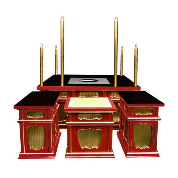 寺院仏具】黒塗り 3.5尺 二重椅子型護摩壇・大壇 脇机2台 国内 寺院仏具】黒塗り 3.5尺 二重椅子型護摩壇・大壇 脇机2台 国内