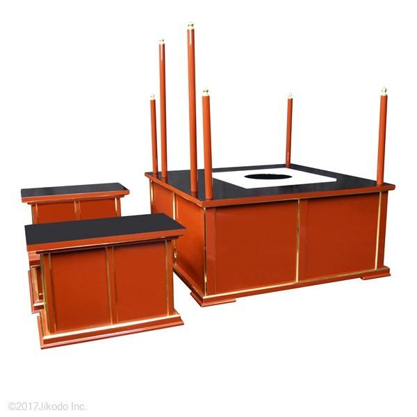 寺院仏具】朱塗り 3.5尺 簡易式の護摩壇・大壇 脇机2台タイプ 寺院仏具】朱塗り 3.5尺 簡易式の護摩壇・大壇 脇机2台タイプ