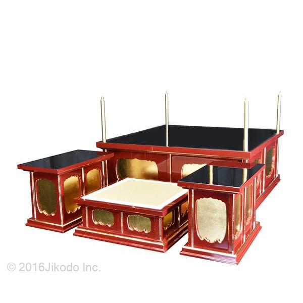 寺院仏具】朱塗り 3.5尺 一重大壇・護摩壇 脇机2台 密教法具 寺院仏具】朱塗り 3.5尺 一重大壇・護摩壇 脇机2台 密教法具