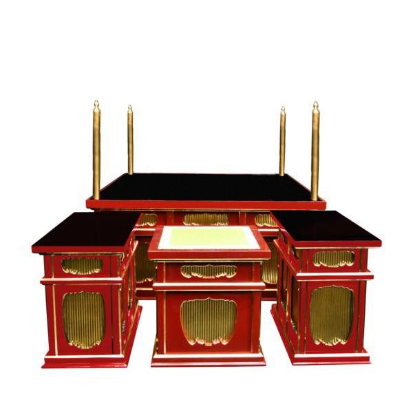 寺院仏具】黒塗り 3.5尺 二重椅子型大壇・護摩壇 脇机2台 密教法 寺院仏具】黒塗り 3.5尺 二重椅子型大壇・護摩壇 脇机2台 密教法