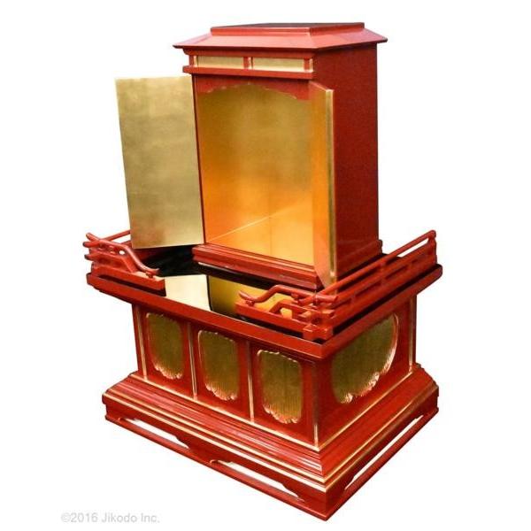 寺院仏具】朱塗り 厨子と高欄付き背高須弥壇の2点セット 厨子台 寺院仏具】朱塗り 厨子と高欄付き背高須弥壇の2点セット 厨子台