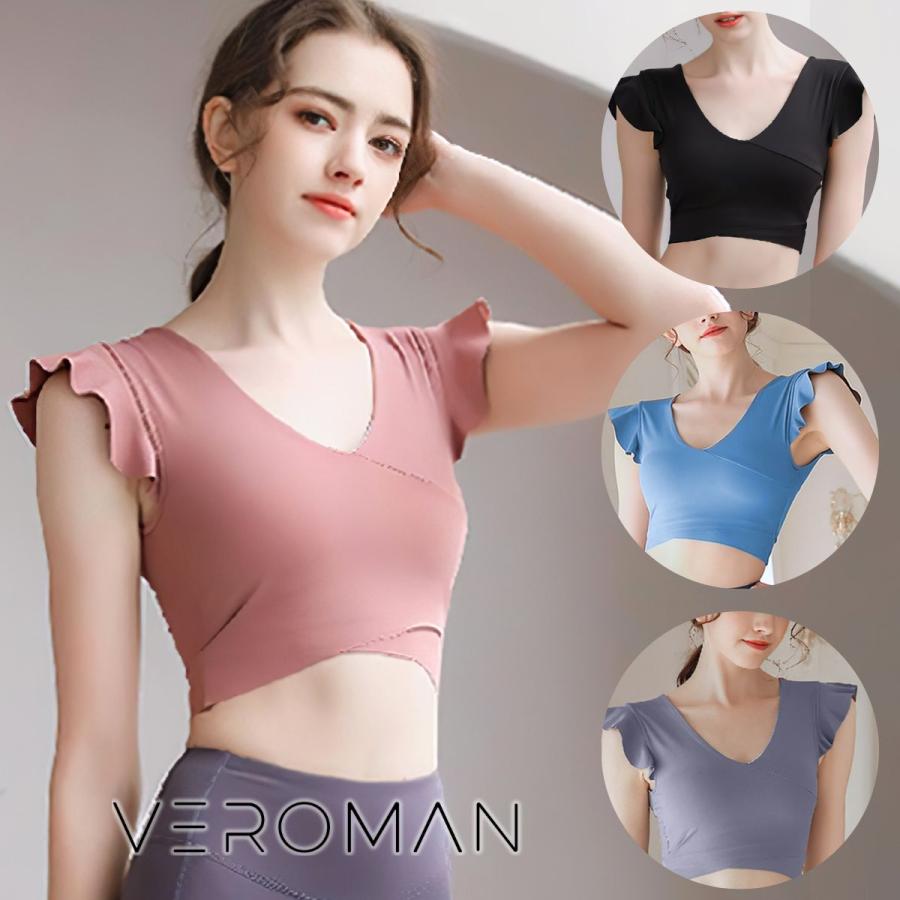 ヨガウェア トップス カップ付き 半袖 かわいい フリル ショート丈