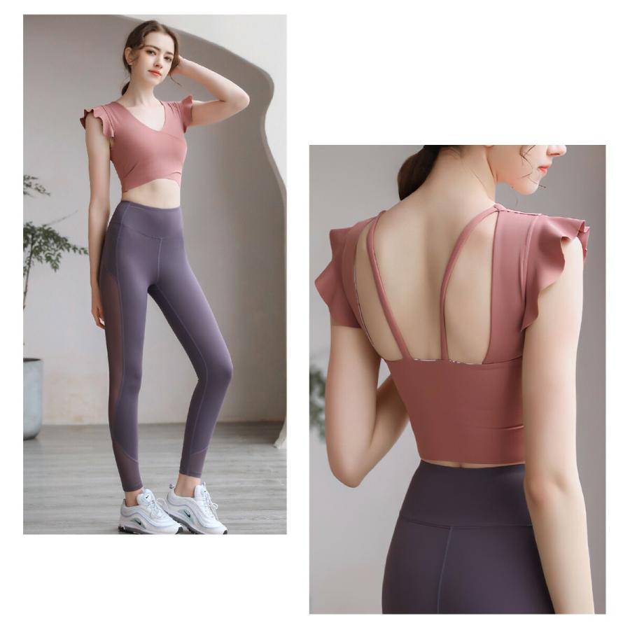 ヨガウェア トップス カップ付き 半袖 かわいい フリル ショート丈