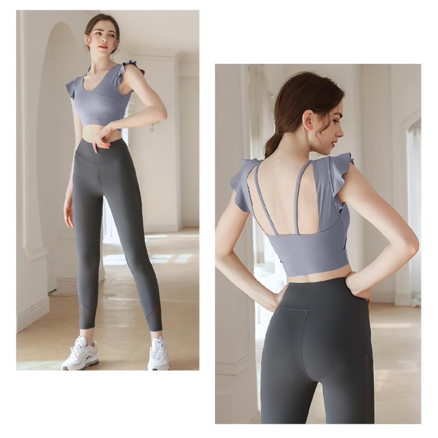 ヨガウェア トップス カップ付き 半袖 かわいい フリル ショート丈