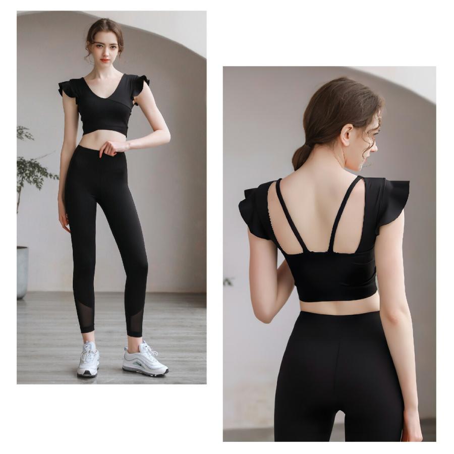 ヨガウェア トップス カップ付き 半袖 かわいい フリル ショート丈