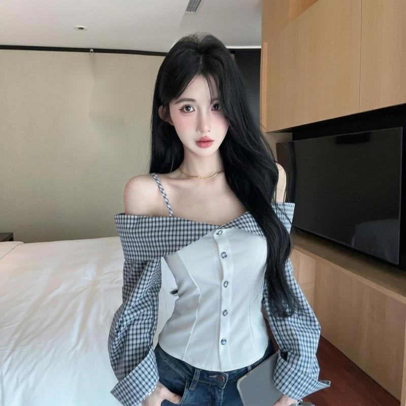 オフショルダー チェック柄シャツ ベルト付きNOMAE NOMAE 
