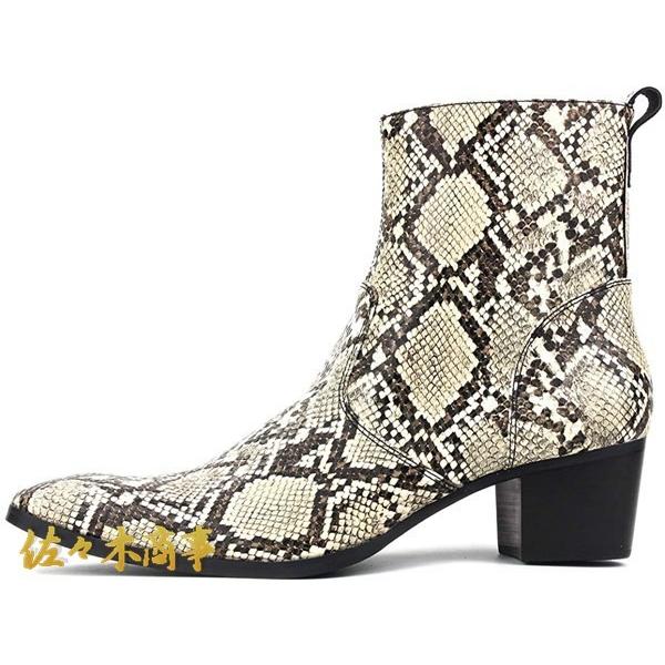 レザーブーツ パイソン柄 メンズ チェルシーブーツ 個性 大きいサイズ ロングノーズ 革靴 ファッション ワイルド ハイヒール 紳士靴 