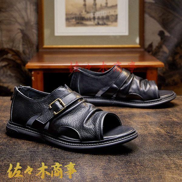 新素材新作 グラディエーターサンダル メンズ オシャレ バックル付き 夏用 サマーシューズ ビーチサンダル くしゅくしゅ レザー ハンドメイド 本革 シューズ