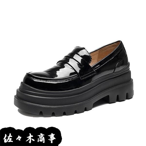 パンプス レディース ラウンドトゥ 厚底ローファー フォーマル エナメル 7cmヒール 通学 定番 快適 ブラック 学生靴 本革レザー