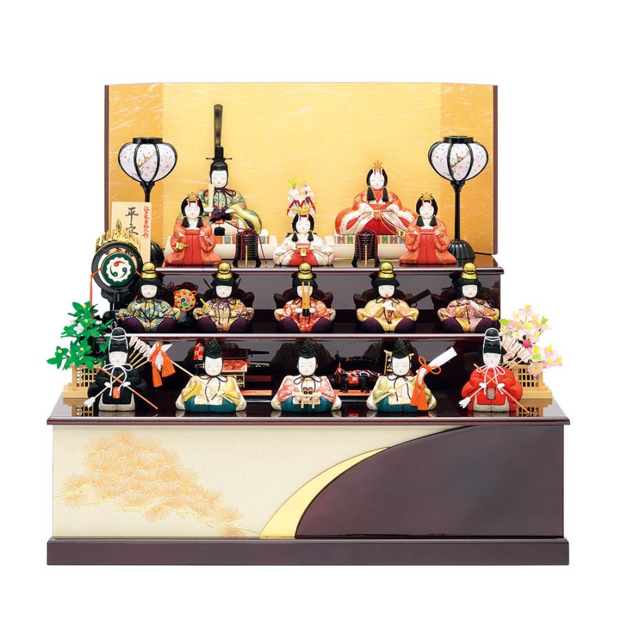 雛人形 コンパクト 木目込み 一秀 ひな人形 十五人飾 平安雛15号 木製三段セット かわいい コンパクト ひな人形 お雛様 おしゃれ 可愛い まる顔 2024 24-d15