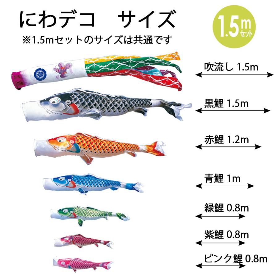 鯉のぼりこいのぼり 庭用 コンパクト にわデコ 真 太陽 撥水加工 おしゃれ 簡単設置 1.5m 6点セット商品 かわいいの画像