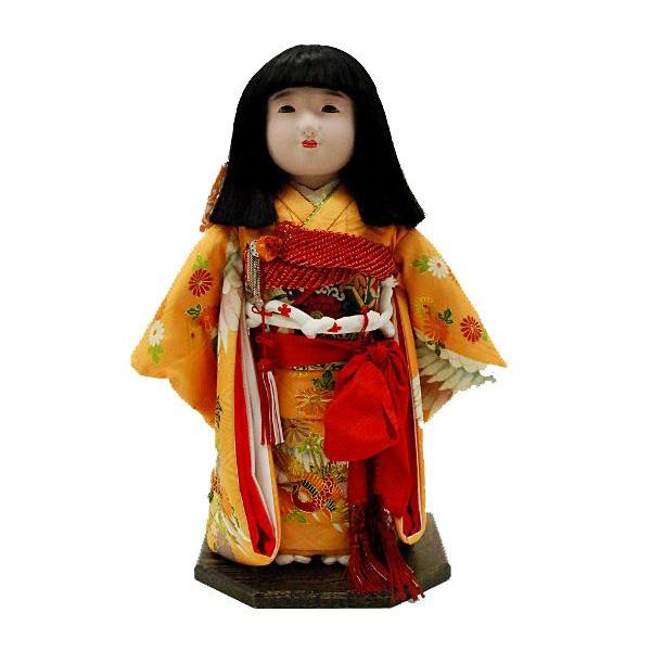 市松人形 黒と金の着物 鶴の模様 市松人形13号 駒 朱色