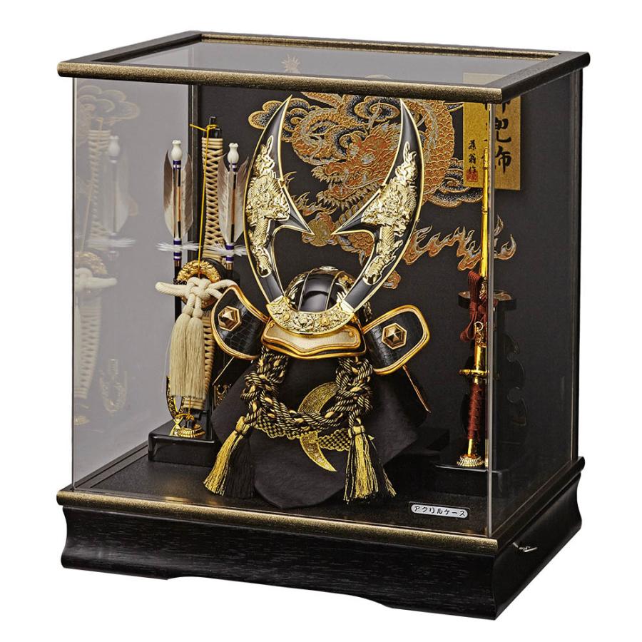 五月人形 ケース飾り コンパクト アクリルケース入り 黒 ハヤブサ 金