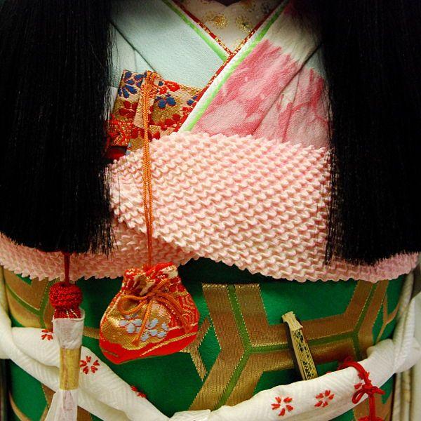 市松人形30号 水色 正絹 友禅 絞り 女の子 いちまつ人形 訳あり