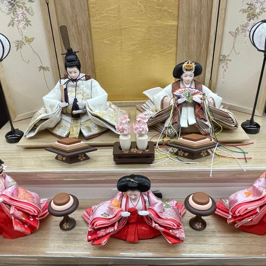 雛人形 コンパクト 白 ピンク ひな人形 三段飾り 金 天然木 ホワイト