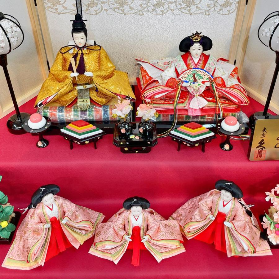 久月 雛人形 ひな人形 お祝い 五人飾り 二段飾り 毛氈飾り 赤 木目