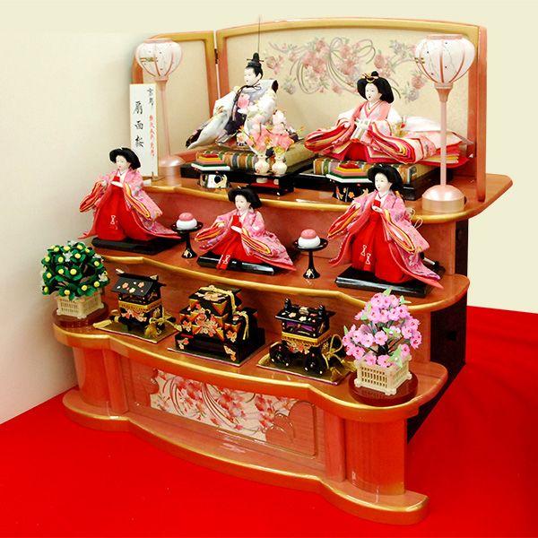 雛人形 三段飾り おしゃれ ピンク台 組立式 3段 五人飾り ひな人形 43t