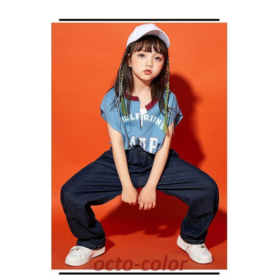 キッズ ダンス衣装 ヒップホップ HIPHOP セットアップ ダンストップス Ｔシャツ デニム ジーンズ デニムパンツ 子供服 男の子 女の子ガールズ チアダンス｜jirou2-st｜12