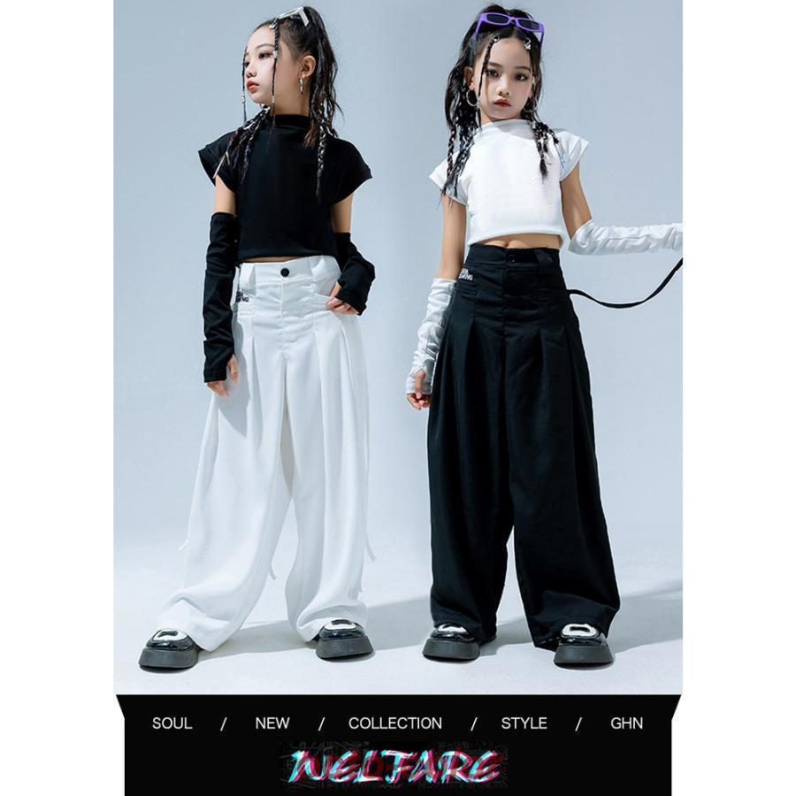 キッズ ダンス 衣装 おしゃれ かっこいい かわいい 女の子 セットアップ ゆったり 白 黒 トップス パンツ 腕カバー ジャズダンス ヒップホップ 派手 韓国 kpop｜jirou2-st｜03