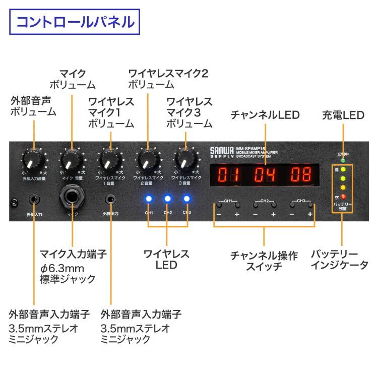 ワイヤレスマイク付き拡声器スピーカー(バッテリー内蔵・ワイヤレスマイク3本対応)サンワサプライ[SAN] 【MM-SPAMP16】 爆買_8
