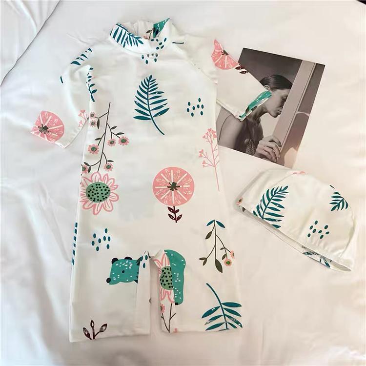 爽やかな花柄ベビー水着 オールインワン水着 帽子付き2点セット キッズ水着 ロンパース