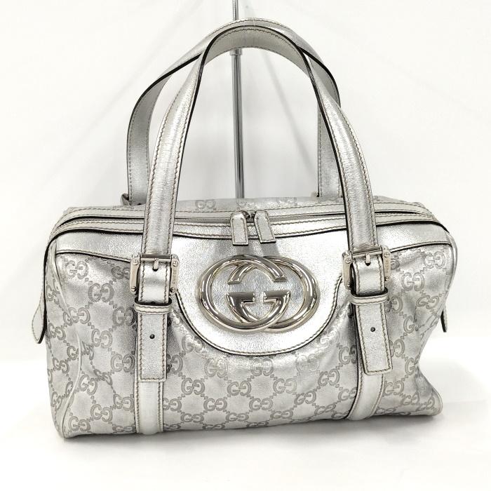 GUCCI ミニボストン ハンドバッグ レザー シルバー