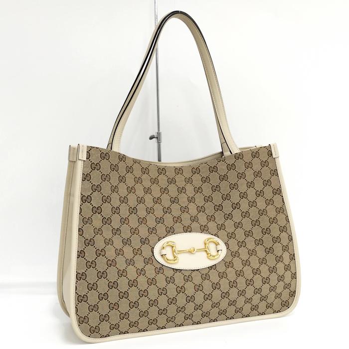 中古】GUCCI トートバッグ GGキャンバス レザー ベージュ ブラウン 
