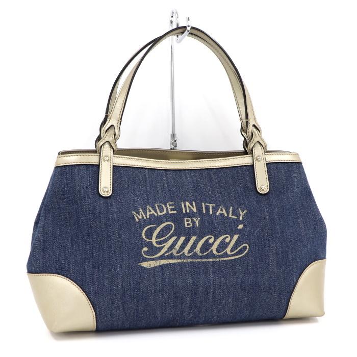 GUCCI　クラフト　トートバッグ　デニム×レザー　品番:348715 GUCCI トートバッグ グッチクラフトロゴ デニム レザー ブルー