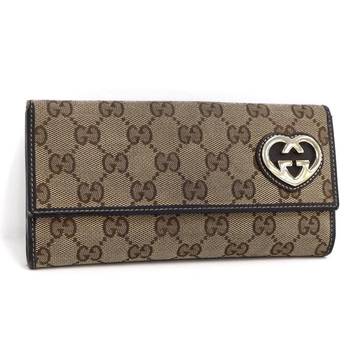 中古】GUCCI Wホック 二つ折り長財布 ラブリーハート GGキャンバス 