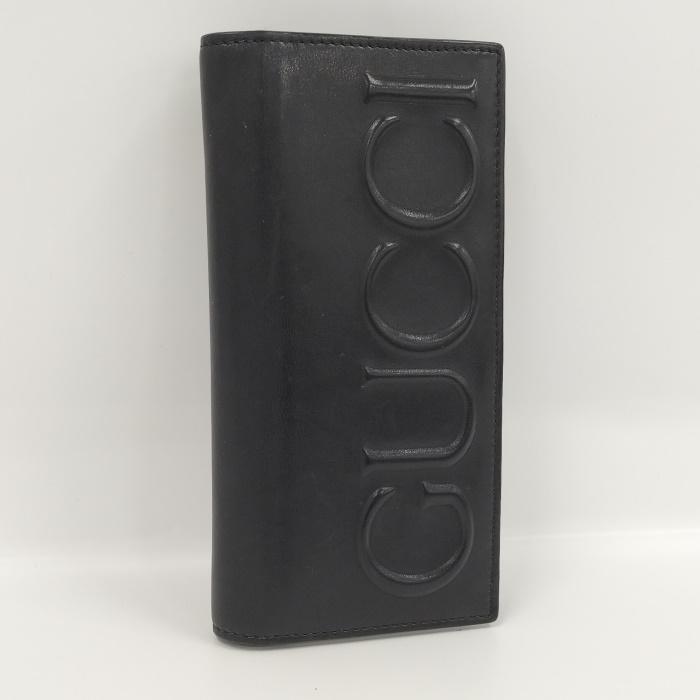 GUCCI 【中古】GUCCI 二つ折り長財布 ロゴ デザイン レザー ブラック  